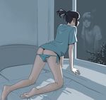  ass barefoot bed black_hair copyright_request feet flat_ass francine_(daijaemon) indoors long_legs looking_out_window panties panty_pull ponytail reflection short_hair side-tie_panties soles solo underwear window 