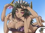  adjusting_hair bad_id bad_pixiv_id barefoot bikini breasts cleavage covered_nipples dark_skin eyebrows feet futaba_channel green_hair horns ifuji_shinsen large_breasts long_hair lotion lying maid_headdress markings monster_girl multiple_arms nijiura_maids on_stomach pink_eyes shiyuu_(nijiura_maid) smile soles solo swimsuit the_pose 