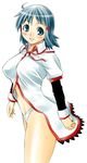  blue_eyes blue_hair blush breasts fushimi_yukari large_breasts long_sleeves neck_ribbon no_pants panties puffy_sleeves ribbon routes shirt short_hair simple_background solo unagimaru underwear white_background white_panties 