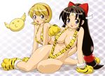  animal_print argyle arm_support bangs black_hair blonde_hair blunt_bangs breasts cat_paws cleavage covered_nipples gloves hairband headband large_breasts long_hair low-tied_long_hair mitarashi_kousei multiple_girls ninin_ga_shinobuden o3o onsokumaru paw_gloves paw_shoes paws shinobu shiranui_kaede shoes slingshot_swimsuit smiley_face swimsuit tiger_print 