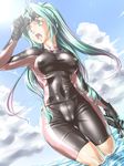  black_bodysuit bodysuit breasts cameltoe covered_nipples dutch_angle goggles green_eyes green_hair jon_shicchiou large_breasts latex lindy_harlaown long_hair lyrical_nanoha mahou_shoujo_lyrical_nanoha mahou_shoujo_lyrical_nanoha_a's mahou_shoujo_lyrical_nanoha_strikers shiny shiny_clothes single_vertical_stripe skin_tight solo wading water wet 