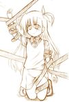  bdsm blush bondage bound crotch_rope eyebrows_visible_through_hair full_body kneeling long_hair lyrical_nanoha mahou_shoujo_lyrical_nanoha_strikers misana monochrome restrained ribbon simple_background solo vivio white_background yellow 