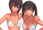  bangs bikini blush breasts brown_hair closed_eyes collarbone hand_on_another's_shoulder kiriman_(souldeep) large_breasts long_hair multiple_girls original parted_lips striped striped_bikini swimsuit twintails upper_body white_background white_bikini 