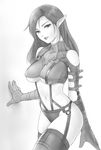  breasts dark_elf_(lineage_2) elf gloves greyscale kanzeon large_breasts lineage lineage_2 long_hair midriff monochrome panties pointy_ears solo thighhighs underboob underwear 