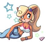  animal_ears arm_support blonde_hair bracelet breasts cleavage coco_bandicoot crash_bandicoot denim furry green_eyes hair_ornament jeans jewelry large_breasts long_hair lying midriff nitro_(supernitro) on_side pants ponytail smile solo star tank_top thigh_gap 