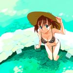  aqua_eyes bikini breasts brown_hair cleavage copyright_request hair_bobbles hair_ornament hat long_hair looking_at_viewer medium_breasts navel ryuuta_(msxtr) sandals sitting smile soaking_feet solo straw_hat sun_hat swimsuit twintails water 