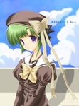  artist_name autumndark cloud day deviantart deviantart_username green_hair juliet_sleeves long_sleeves looking_at_viewer non-web_source puffy_sleeves purple_eyes ribbon school_uniform shigure_asa short_hair shuffle! solo watermark web_address 