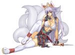  animal_ears bra breasts cleavage eyepatch horns japanese_clothes katana kuon_(shinrabanshou) large_breasts lingerie long_hair multiple_tails panties pantyshot ran'ou_(tamago_no_kimi) red_eyes shinrabanshou silver_hair sitting solo sword tail thighhighs underwear weapon white_legwear white_panties 