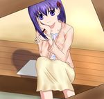  ambisei fate/stay_night fate_(series) hair_ribbon holding jacket long_hair long_skirt long_sleeves matou_sakura open_clothes open_jacket pen purple_eyes purple_hair ribbon shirt sitting skirt smile solo white_shirt yellow_skirt 