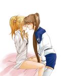  bed blonde_hair fate_testarossa lina_(interlude) lyrical_nanoha mahou_shoujo_lyrical_nanoha_strikers military military_uniform multiple_girls takamachi_nanoha thighhighs tsab_air_military_uniform uniform yuri 