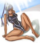  barefoot code_geass competition_swimsuit dark_skin error feet fura long_hair one-piece_swimsuit one_eye_closed ponytail silver_hair single_vertical_stripe sitting solo spread_legs swimsuit villetta_nu yellow_eyes 