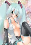  aqua_hair blush breasts covered_nipples hatsune_miku long_hair medium_breasts open_clothes open_shirt panties sara_(uunyan) shirt solo striped striped_panties thighhighs twintails underwear vocaloid 