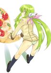  artist_request ashford_academy_uniform bangs c.c. code_geass food green_hair holding_pizza long_hair panties pantyshot pizza school_uniform solo underwear yellow_eyes 