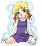  blonde_hair gengorou moriya_suwako open_mouth ribbon short_hair solo sweat tears thighhighs touhou white_legwear yellow_eyes 