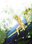  armor ass bath bathing blonde_hair blue_eyes breasts copyright_request day dutch_angle huge_weapon lily_pad medium_breasts multiple_girls nature nude outdoors ruins shindou_l sitting soaking_feet sword water waterfall weapon wet 