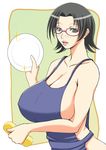  apron black_hair blush breasts cleavage covered_nipples glasses green_eyes hikaru-san huge_breasts kyukyutto lips mature naked_apron plate short_hair solo sparkle toguchi_masaya washing 