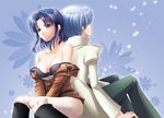  1girl back-to-back bare_shoulders belt blue_eyes blue_hair boots bra breasts cecile_croomy cleavage code_geass couple hair_over_eyes hetero knee_boots labcoat lingerie lloyd_asplund medium_breasts military military_uniform miniskirt non-web_source off_shoulder short_hair skirt skirt_lift snow strap_slip thighhighs underwear undressing uniform white_hair white_legwear 