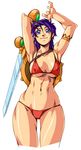  arikawa armpits arms_up bikini blue_eyes blue_hair erect_nipples hips king_of_fighters muscle princess_athena purple_hair short_hair snk swimsuit sword weapon wide_hips 