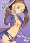  black_mage blonde_hair blue_eyes boyshorts breasts final_fantasy final_fantasy_xi hat hume medium_breasts open_clothes open_shirt robina shirt short_hair short_shorts shorts smile solo staff translated underboob witch_hat 