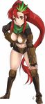  bent_over boots breasts brown_eyes cleavage cosplay fe final_fantasy final_fantasy_xi highres large_breasts leaning_forward long_hair midriff ponytail ranger red_hair solo tengen_toppa_gurren_lagann yoko_littner 