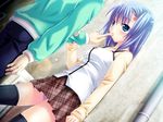  1girl against_wall aqua_eyes black_legwear blue_hair blush dutch_angle finger_sucking game_cg green_eyes hair_ornament hairclip kirizaki_yukari panties pantyshot short_hair skirt solo_focus thighhighs underwear white_panties yuuki_shin zettai_imouto_shijou_shugi 