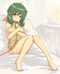  apron barefoot bed bottomless collar green_hair heika_(heikahp) leash macross macross_frontier ranka_lee solo 