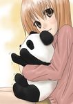  brown_eyes brown_hair copyright_request hug long_sleeves panda sakurano_miya solo 