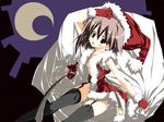  black_legwear blush brown_eyes brown_hair christmas copyright_request crescent_moon garter_belt hat highres kagome_(traumatize) lingerie looking_at_viewer moon night no_panties sack santa_costume santa_hat solo thighhighs underwear wallpaper 