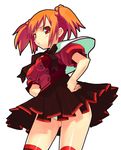  black_outline copyright_request cowboy_shot orange_hair outline panties pantyshot pleated_skirt puffy_sleeves red_eyes ribbon ryuuta_(msxtr) school_uniform short_hair short_sleeves simple_background skirt solo thighhighs twintails underwear white_background 