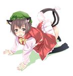  all_fours animal_ears bad_id bad_pixiv_id blush brown_hair chen dress earrings hat jewelry kazuha_nanako multiple_tails no_panties short_hair solo tail touhou 