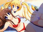  bikini blonde_hair blue_eyes breasts brown_hair covered_nipples fang highres inuzumi_masaki long_hair medium_breasts mochida_nao multiple_girls ribbon step_x_steady swimsuit tooyama_izumi twintails untied untied_bikini wallpaper 