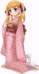  aphmau blonde_hair blue_eyes blush earrings fe final_fantasy final_fantasy_xi hume japanese_clothes jewelry kimono kneeling long_hair socks solo tabi twintails 