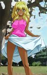  blonde_hair copyright_request dark_skin green_eyes lowres sawa_jaaji skirt skirt_lift solo 