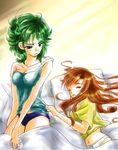  alena_(dq4) bed blue_eyes blush closed_eyes dragon_quest dragon_quest_iv green_hair harukana heroine_(dq4) long_hair multiple_girls panties pillow red_hair short_hair sleeping underwear 