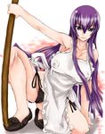  apron blue_eyes bokken breasts busujima_saeko covered_nipples highschool_of_the_dead large_breasts loafers long_hair naked_apron no_socks one_knee panties purple_hair scharfschutze shoes solo sword underwear weapon wooden_sword 