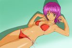  armpits bikini copyright_request lowres lying midriff purple_hair sawa_jaaji side-tie_bikini solo swimsuit yellow_eyes 