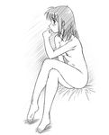  barefoot blush breasts copyright_request crossed_legs feet freckles full_body greyscale himadarou monochrome nipples nude sitting small_breasts solo 