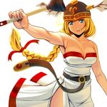  armpits bad_id bad_pixiv_id blonde_hair blue_eyes braid breasts cleavage cowboy_shot dress head_wings helmet large_breasts long_hair masao muscle plunger single_braid solo valkyrie valkyrie_(vnd) valkyrie_no_densetsu white_background 