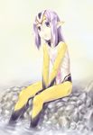  bad_id bad_pixiv_id blue_eyes blue_submarine_no_6 chikuyama flat_chest highres long_hair monster_girl pointy_ears purple_hair sitting soaking_feet solo water 