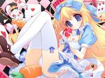  alice_(wonderland) alice_in_wonderland apple blonde_hair blue_bow blue_dress blue_eyes bow breasts brown_footwear bunny cane card carrot checkered checkered_background dress floating_card food fruit galge.com gloves hair_ribbon holding holding_food holding_fruit large_breasts legs long_hair mary_janes nipples ribbon shoes thighhighs white_rabbit youta 