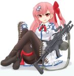  1girl ammunition asymmetrical_hair bangs bipod black_footwear black_legwear bow braid collared_jacket commentary_request crotch_seam eyebrows_visible_through_hair full_body girls_frontline gloves gun hair_bow hair_ornament hairclip harness hexagram highres holding ichigotofu imi_negev israel legs loafers long_hair long_sleeves looking_at_viewer machine_gun miniskirt neck_ribbon negev_(girls_frontline) one_side_up open_mouth panties panties_under_pantyhose pantyhose pink_hair red_bow red_eyes red_neckwear ribbon shadow shoes side_braid simple_background sitting skirt smirk solo star_of_david thigh_strap thighband_pantyhose underwear weapon weapon_request white_background white_gloves white_skirt 
