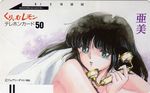  80s bangs bed bed_sheet black_hair blunt_bangs corded_phone cream_lemon escalation green_eyes long_hair lying naked_sheet nonomura_ami nude oldschool on_stomach phone phonecard scan shingyouji_tatsuya smile solo 