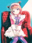  animal_ears armchair cat_ears chair copyright_request hands_clasped maid osamu own_hands_together sitting solo thighhighs v_arms 