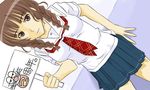  bow bowtie braid brown_eyes brown_hair discretespace hair_over_shoulder holding holding_sign kibina_high_school_uniform kimi_kiss legs looking_at_viewer miniskirt mizusawa_mao placard red_bow red_neckwear school_uniform shirt sign skirt solo twin_braids twintails white_shirt 