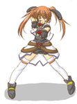  artist_request belt buckle cross_mirage dual_wielding fighting_stance full_body gun holding legs_apart looking_at_viewer lyrical_nanoha mahou_shoujo_lyrical_nanoha_strikers see-through simple_background skirt solo spread_legs standing teana_lanster thighhighs twintails weapon white_background white_legwear zettai_ryouiki 