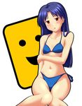  bikini blue_hair brown_eyes collarbone idolmaster idolmaster_(classic) idolmaster_1 kisaragi_chihaya long_hair looking_at_viewer midriff navel nishi_(count2.4) side-tie_bikini simple_background solo stomach swimsuit white_background 