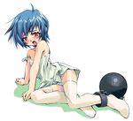  asaki_takayuki ball_and_chain_restraint blue_hair copyright_request panties red_eyes solo striped striped_panties thighhighs underwear 