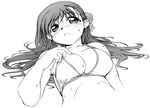  bikini blush breasts cleavage closed_mouth face fate/stay_night fate_(series) greyscale hands large_breasts long_hair lying matou_sakura monochrome on_back solo swimsuit upper_body wet yamaguchi_homupe 