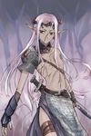  armor bow_(weapon) copyright_request dark_elf dark_skin elf flat_chest michael pointy_ears red_eyes silver_hair solo sword topless weapon 