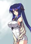  bare_shoulders blue_hair blush breasts coffee_cat large_breasts long_hair off_shoulder original ponytail purple_eyes sideboob solo 